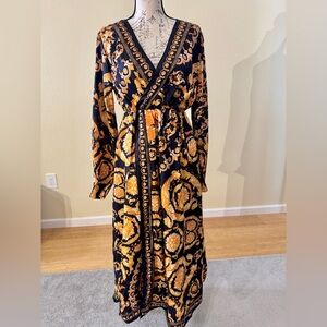 Floral Wrap Dress with Orange and Black Pattern